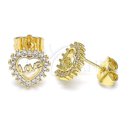 Arete Dormilona 02.156.0624 Oro Laminado, Diseño de Corazón y Amor, con Blanca Micro Pave, Pulido, Tono Dorado