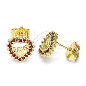 Arete Dormilona 02.156.0624.1 Oro Laminado, Diseño de Corazón y Amor, con Granate Micro Pave, Pulido, Tono Dorado