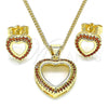 Juego de Arete y Dije de Adulto 10.156.0414.1 Oro Laminado, Diseño de Corazón, con Granate Micro Pave, Pulido, Tono Dorado