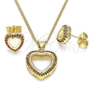 Juego de Arete y Dije de Adulto 10.156.0414.1 Oro Laminado, Diseño de Corazón, con Granate Micro Pave, Pulido, Tono Dorado