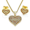 Juego de Arete y Dije de Adulto 10.156.0415.1 Oro Laminado, Diseño de Corazón y Amor, con Granate Micro Pave, Pulido, Tono Dorado