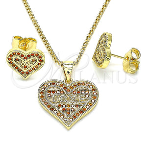 Juego de Arete y Dije de Adulto 10.156.0415.1 Oro Laminado, Diseño de Corazón y Amor, con Granate Micro Pave, Pulido, Tono Dorado