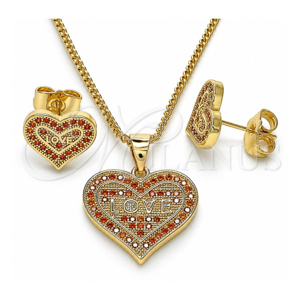 Juego de Arete y Dije de Adulto 10.156.0415.1 Oro Laminado, Diseño de Corazón y Amor, con Granate Micro Pave, Pulido, Tono Dorado