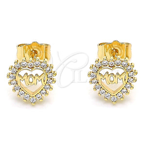 Arete Dormilona 02.156.0627 Oro Laminado, Diseño de Mama y Corazón, con Blanca Micro Pave, Pulido, Tono Dorado