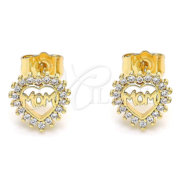 Arete Dormilona 02.156.0627 Oro Laminado, Diseño de Mama y Corazón, con Blanca Micro Pave, Pulido, Tono Dorado