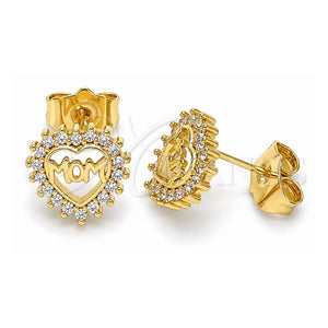 Arete Dormilona 02.156.0627 Oro Laminado, Diseño de Mama y Corazón, con Blanca Micro Pave, Pulido, Tono Dorado