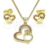 Juego de Arete y Dije de Adulto 10.156.0417.1 Oro Laminado, Diseño de Corazón, con Granate Micro Pave, Pulido, Tono Dorado
