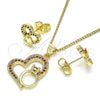 Juego de Arete y Dije de Adulto 10.156.0417.1 Oro Laminado, Diseño de Corazón, con Granate Micro Pave, Pulido, Tono Dorado