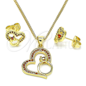 Juego de Arete y Dije de Adulto 10.156.0417.1 Oro Laminado, Diseño de Corazón, con Granate Micro Pave, Pulido, Tono Dorado
