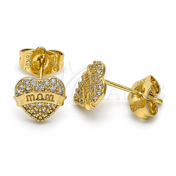 Arete Dormilona 02.156.0630 Oro Laminado, Diseño de Mama y Corazón, con Blanca Micro Pave, Pulido, Tono Dorado