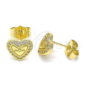 Arete Dormilona 02.156.0631 Oro Laminado, Diseño de Mama y Corazón, con Blanca Micro Pave, Pulido, Tono Dorado