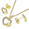 Juego de Arete y Dije de Adulto 10.199.0006.2 Oro Laminado, Diseño de Corazón, con Granate and Blanca Micro Pave, Pulido, Tono Dorado