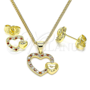 Juego de Arete y Dije de Adulto 10.199.0006.2 Oro Laminado, Diseño de Corazón, con Granate and Blanca Micro Pave, Pulido, Tono Dorado