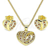 Juego de Arete y Dije de Adulto 10.199.0034.2 Oro Laminado, Diseño de Corazón, con Granate and Blanca Micro Pave, Pulido, Tono Dorado