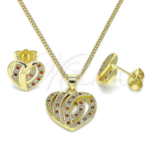 Juego de Arete y Dije de Adulto 10.199.0034.2 Oro Laminado, Diseño de Corazón, con Granate and Blanca Micro Pave, Pulido, Tono Dorado