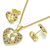 Juego de Arete y Dije de Adulto 10.199.0068.2 Oro Laminado, Diseño de Corazón, con Granate and Blanca Micro Pave, Pulido, Tono Dorado