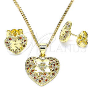 Juego de Arete y Dije de Adulto 10.199.0068.2 Oro Laminado, Diseño de Corazón, con Granate and Blanca Micro Pave, Pulido, Tono Dorado
