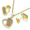 Juego de Arete y Dije de Adulto 10.199.0104.2 Oro Laminado, Diseño de Corazón, con Granate and Blanca Micro Pave, Pulido, Tono Dorado