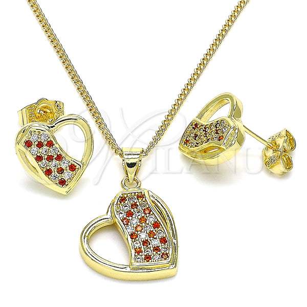 Juego de Arete y Dije de Adulto 10.199.0104.2 Oro Laminado, Diseño de Corazón, con Granate and Blanca Micro Pave, Pulido, Tono Dorado