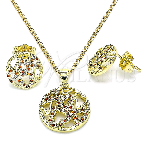 Juego de Arete y Dije de Adulto 10.199.0153.1 Oro Laminado, Diseño de Corazón, con Granate and Blanca Micro Pave, Pulido, Tono Dorado