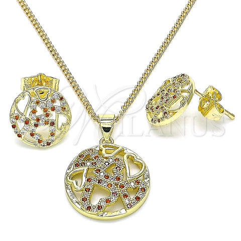Juego de Arete y Dije de Adulto 10.199.0153.1 Oro Laminado, Diseño de Corazón, con Granate and Blanca Micro Pave, Pulido, Tono Dorado