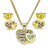 Juego de Arete y Dije de Adulto 10.199.0019.2 Oro Laminado, Diseño de Corazón, con Granate and Blanca Micro Pave, Pulido, Tono Dorado