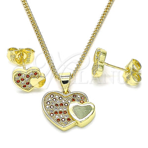 Juego de Arete y Dije de Adulto 10.199.0019.2 Oro Laminado, Diseño de Corazón, con Granate and Blanca Micro Pave, Pulido, Tono Dorado