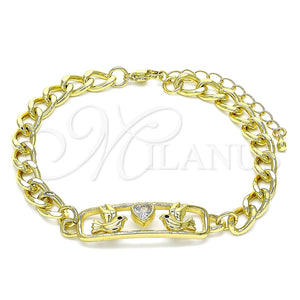 Pulsera Elegante 03.368.0063.08 Oro Laminado, Diseño de Pajaro y Corazón, con Blanca and Negro Zirconia Cubica, Pulido, Tono Dorado (07 MM Thickness, 8 Inches Length)
