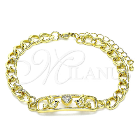 Pulsera Elegante 03.368.0063.08 Oro Laminado, Diseño de Pajaro y Corazón, con Blanca and Negro Zirconia Cubica, Pulido, Tono Dorado (07 MM Thickness, 8 Inches Length)