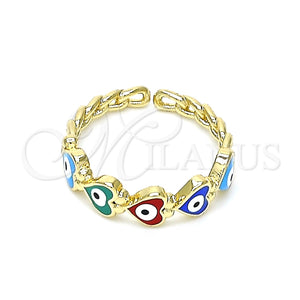 Anillo Elegante 01.213.0008 Oro Laminado, Diseño de Ojo Griego y Corazón, Esmaltado Multicolor, Tono Dorado (One size fits all)