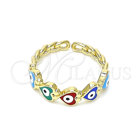 Anillo Elegante 01.213.0008 Oro Laminado, Diseño de Ojo Griego y Corazón, Esmaltado Multicolor, Tono Dorado (One size fits all)