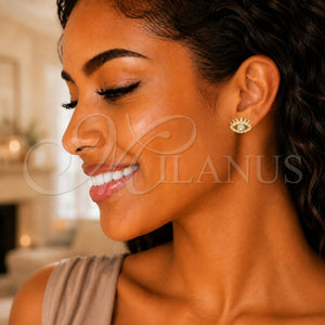 Arete Dormilona 02.310.0037 Oro Laminado, Diseño de Ojo Griego, con Micro Pave Blanca, Pulido, Tono Dorado