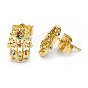 Arete Dormilona 02.310.0040 Oro Laminado, Diseño de Judaica y Mano de Dios, con Micro Pave Multicolor, Pulido, Tono Dorado