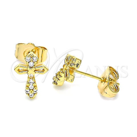 Arete Dormilona 02.310.0049 Oro Laminado, Diseño de Cruz, con Blanca Micro Pave, Pulido, Tono Dorado