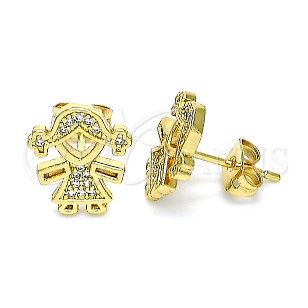 Arete Dormilona 02.342.0158 Oro Laminado, Diseño de Niñita Pequeña, con Blanca Micro Pave, Pulido, Tono Dorado
