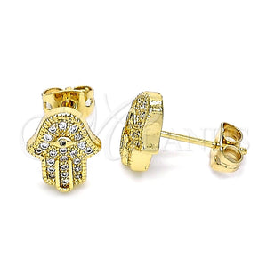 Arete Dormilona 02.342.0163 Oro Laminado, Diseño de Mano de Dios y Ojo Griego, con Blanca Micro Pave, Pulido, Tono Dorado