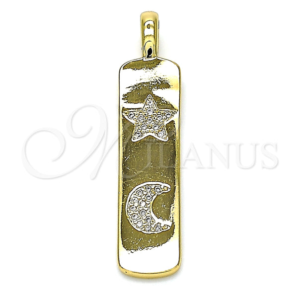 Dije Elegante 05.342.0040 Oro Laminado, Diseño de Estrella y Luna, con Blanca Micro Pave, Pulido, Tono Dorado
