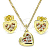 Juego de Arete y Dije de Adulto 10.199.0155.1 Oro Laminado, Diseño de Corazón, con Granate and Blanca Micro Pave, Pulido, Tono Dorado