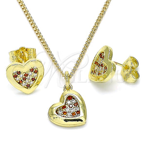 Juego de Arete y Dije de Adulto 10.199.0155.1 Oro Laminado, Diseño de Corazón, con Granate and Blanca Micro Pave, Pulido, Tono Dorado