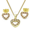 Juego de Arete y Dije de Adulto 10.199.0156.1 Oro Laminado, Diseño de Corazón, con Granate and Blanca Micro Pave, Pulido, Tono Dorado