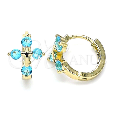 Argolla Huggie 02.210.0645.2.15 Oro Laminado, Diseño de Cruz, con Aqua Azul Zirconia Cubica, Pulido, Tono Dorado