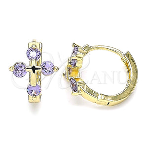 Argolla Huggie 02.210.0645.3.15 Oro Laminado, Diseño de Cruz, con Amatista Zirconia Cubica, Pulido, Tono Dorado