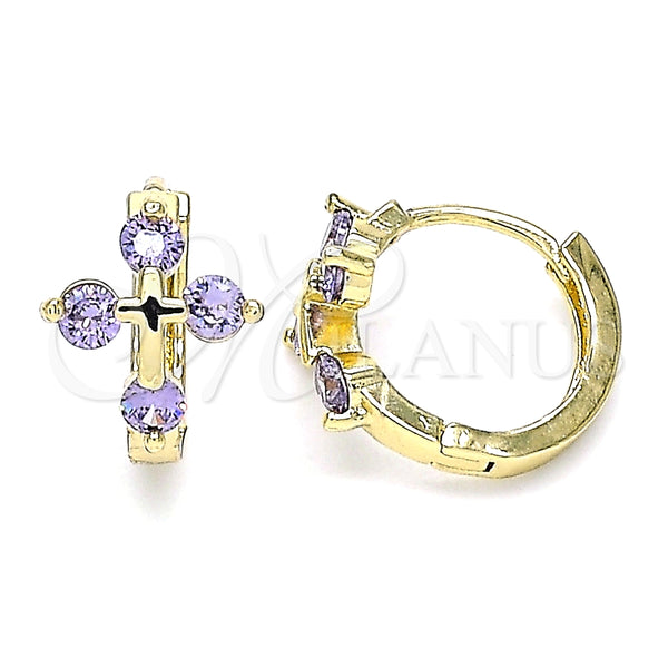 Argolla Huggie 02.210.0645.3.15 Oro Laminado, Diseño de Cruz, con Amatista Zirconia Cubica, Pulido, Tono Dorado