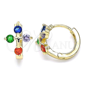 Argolla Huggie 02.210.0645.5.15 Oro Laminado, Diseño de Cruz, con Multicolor Zirconia Cubica, Pulido, Tono Dorado