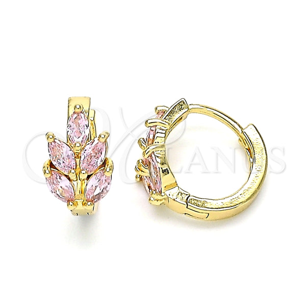 Argolla Huggie 02.210.0649.4.15 Oro Laminado, Diseño de Oja, con Rosado Zirconia Cubica, Pulido, Tono Dorado