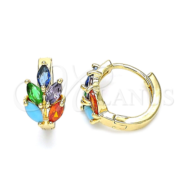 Argolla Huggie 02.210.0649.5.15 Oro Laminado, Diseño de Oja, con Multicolor Zirconia Cubica, Pulido, Tono Dorado