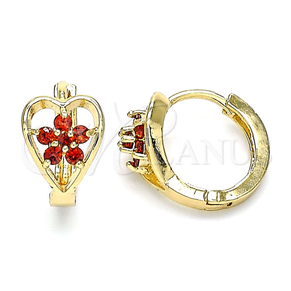 Argolla Huggie 02.210.0653.15 Oro Laminado, Diseño de Flor y Corazón, con Granate Zirconia Cubica, Pulido, Tono Dorado