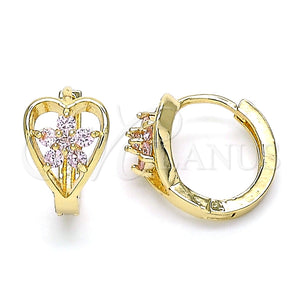 Argolla Huggie 02.210.0653.3.15 Oro Laminado, Diseño de Flor y Corazón, con Rosado Zirconia Cubica, Pulido, Tono Dorado