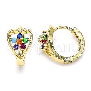 Argolla Huggie 02.210.0653.4.15 Oro Laminado, Diseño de Flor y Corazón, con Multicolor Zirconia Cubica, Pulido, Tono Dorado