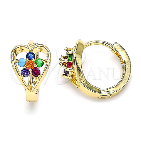 Argolla Huggie 02.210.0653.4.15 Oro Laminado, Diseño de Flor y Corazón, con Multicolor Zirconia Cubica, Pulido, Tono Dorado